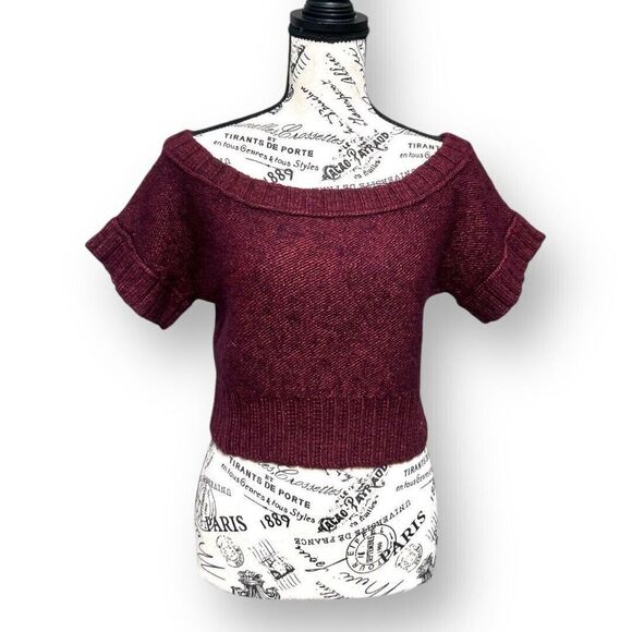 Hollister M Maroon Wool Blend Sweater Cropped Knit Boat Neck Short Sleeve Top - Picture 2 of 12